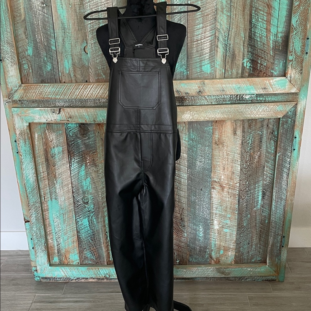 Storia Black Faux Leather Overalls with Silver Buckles NWT Womens size Medium